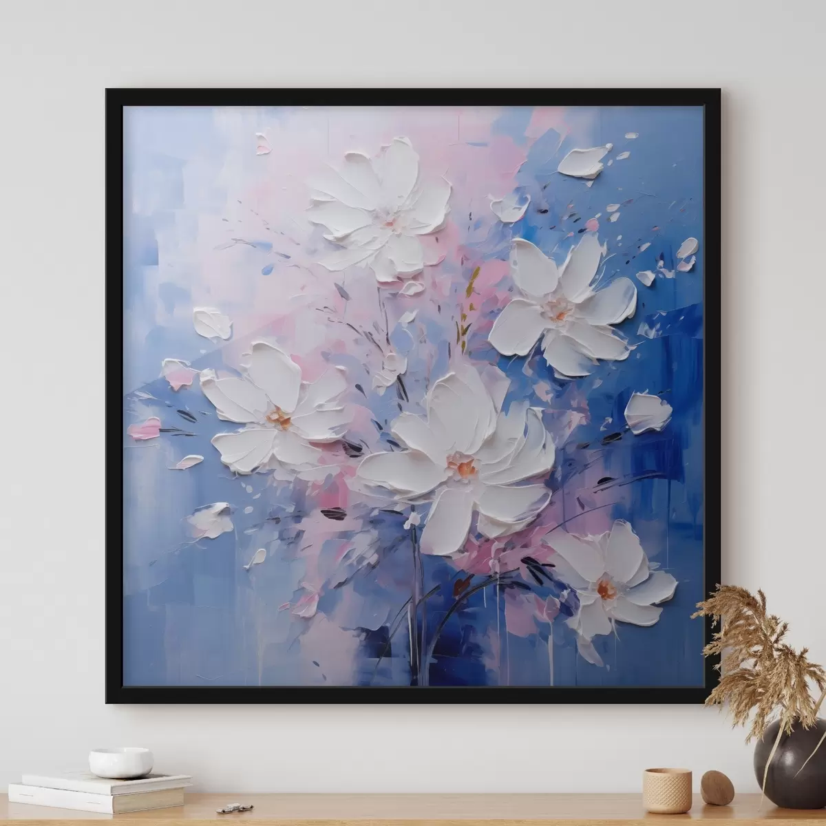 Poster Fiori volumetrici su sfondo blu in stile impasto f45648