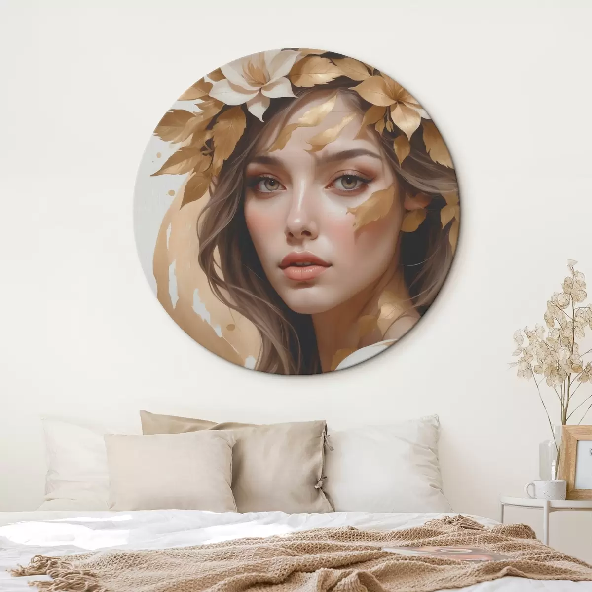 Quadri rotondi Una donna con delle foglie tra i capelli r45748