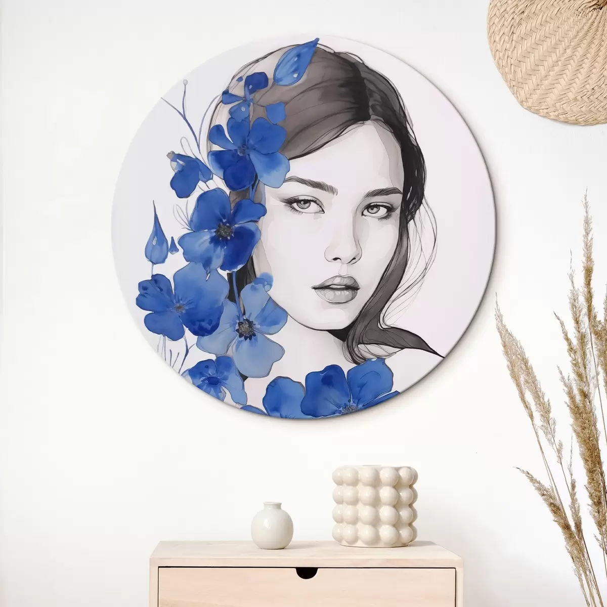 Quadri rotondi Ragazza e fiori blu r45757