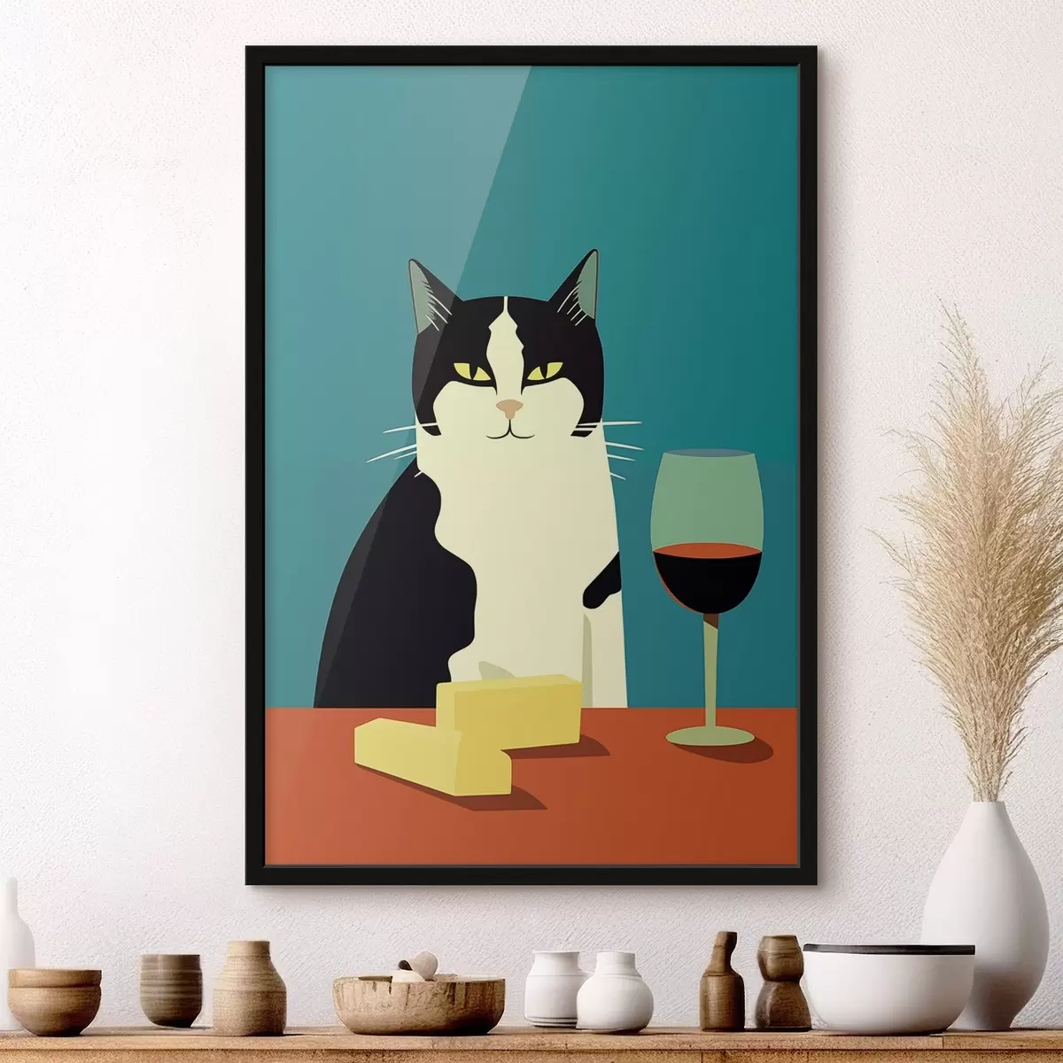 Poster Gatto con vino e formaggio f45801