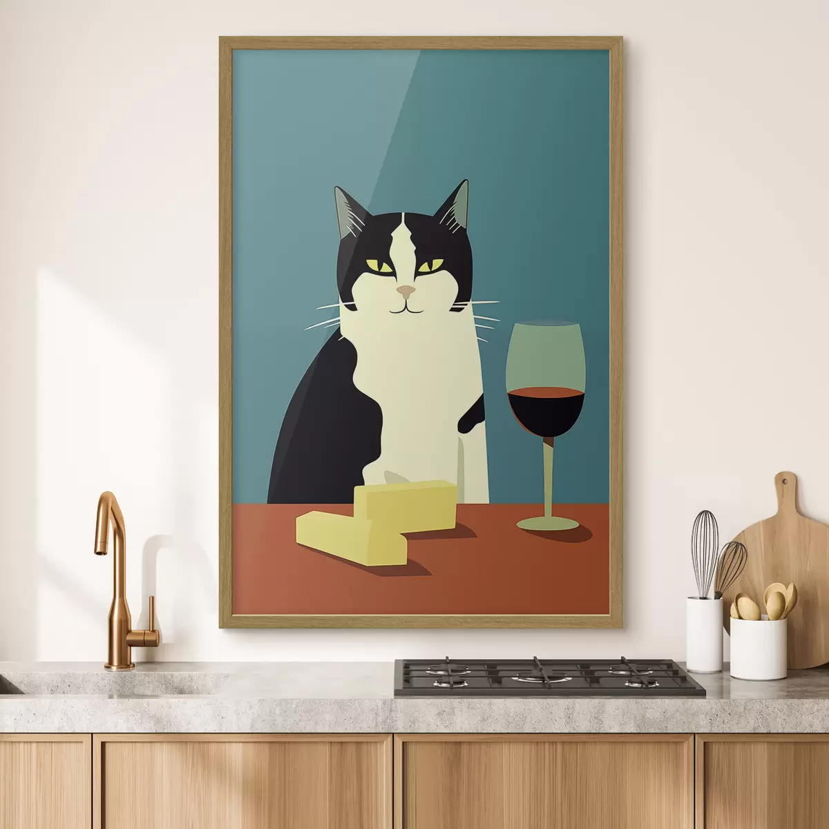 Poster Gatto con vino e formaggio f45801