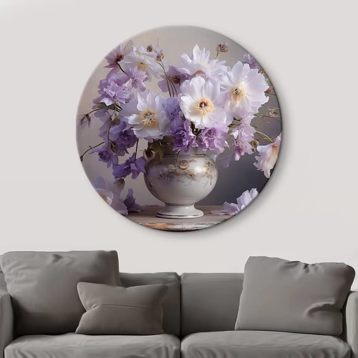 Quadri rotondi Natura morta floreale: fiori bianchi e viola in stile artistico r45058