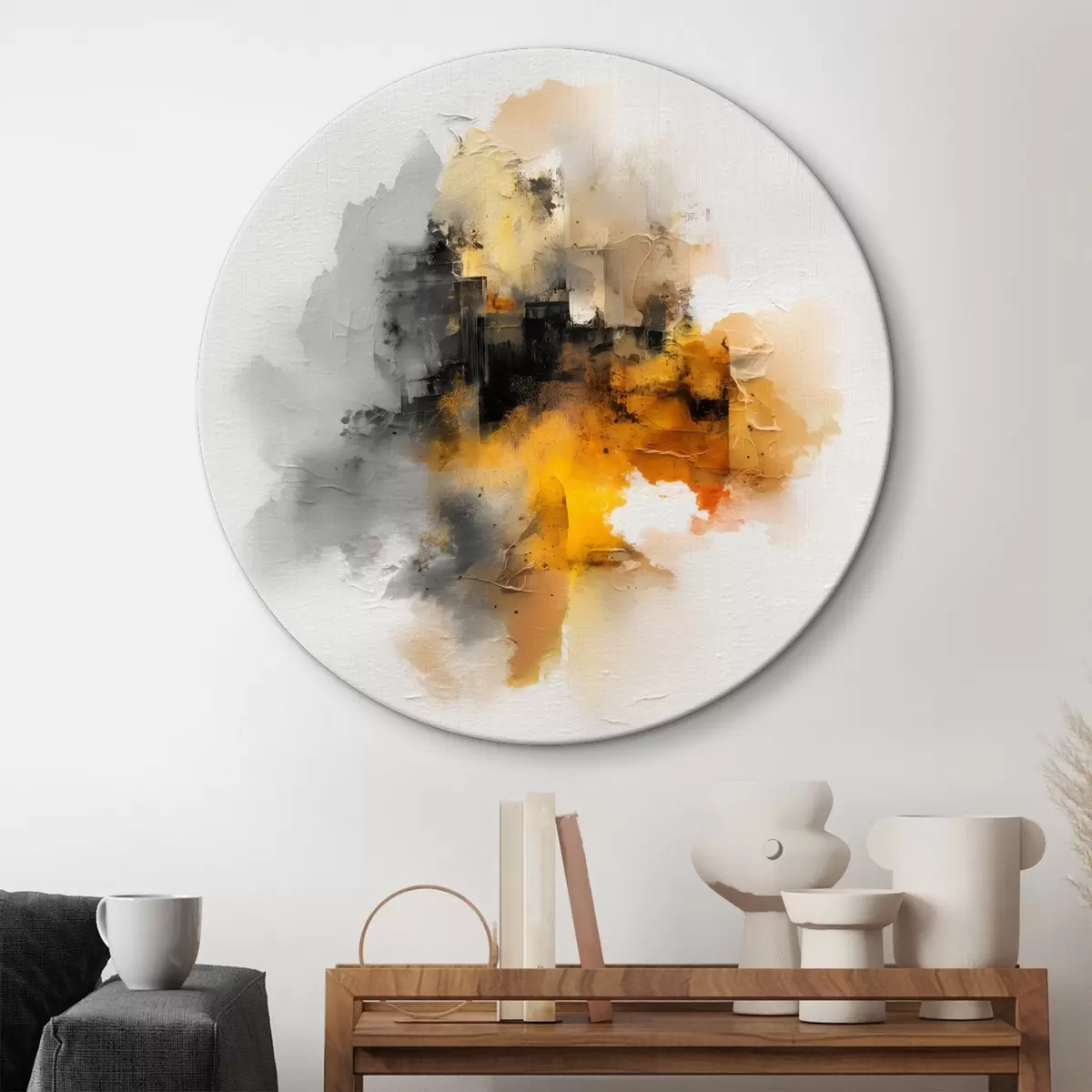 Quadri rotondi Composizione astratta nei toni dell'arancio e del grigio con texture r45238