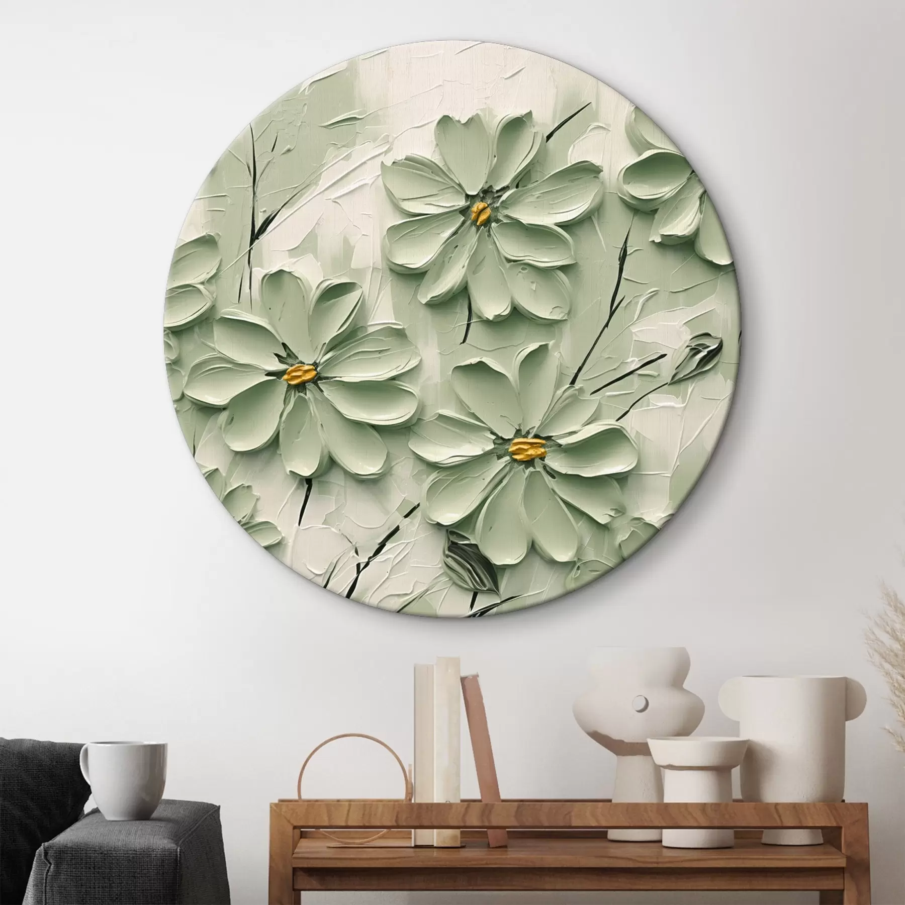 carta da parati Fiori verdi con centro giallo dipinti con pennellate spesse su sfondo chiaro nr. r45265