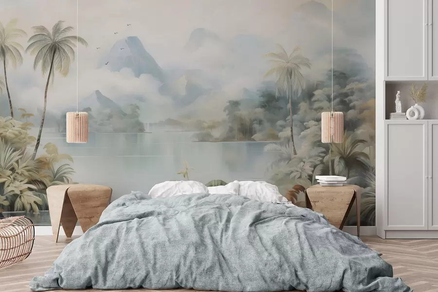 Carta da parati nature Fiume nella giungla vicino alle montagne 