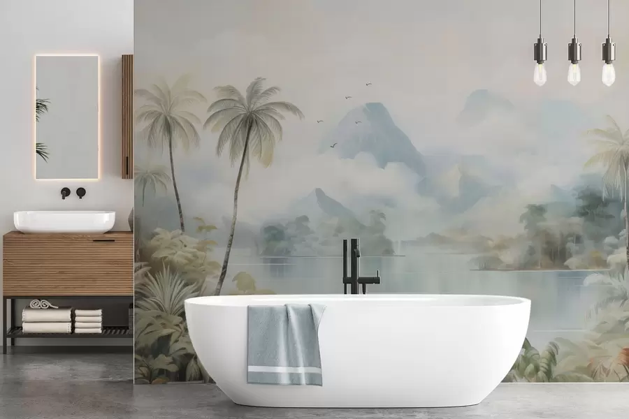 Carta da parati nature Fiume nella giungla vicino alle montagne 