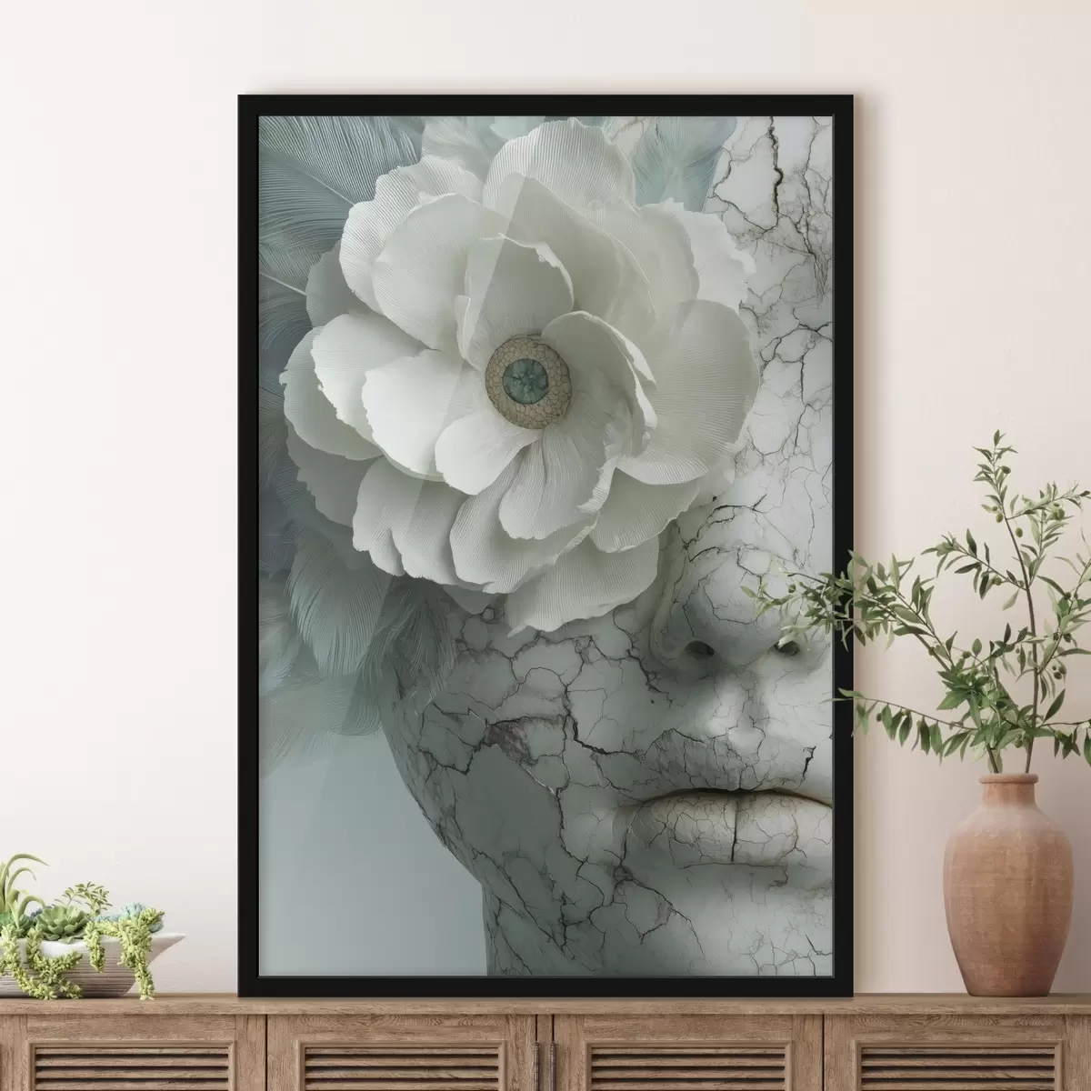 Poster faccia di marmo di una ragazza con un fiore f45709