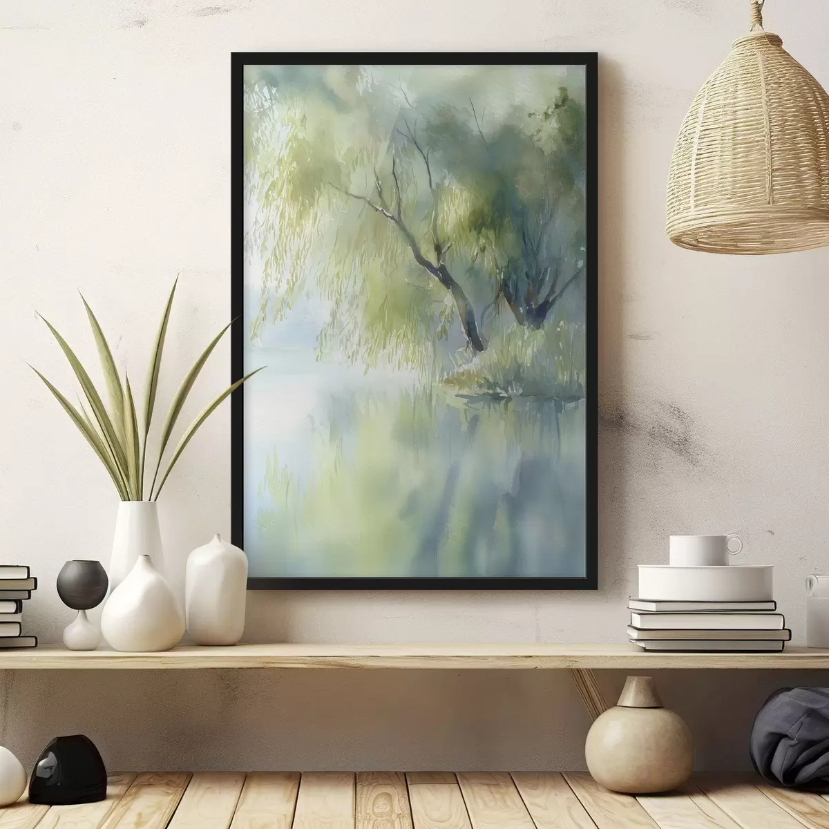 Poster salice sulla riva del lago in stile acquerello f45715