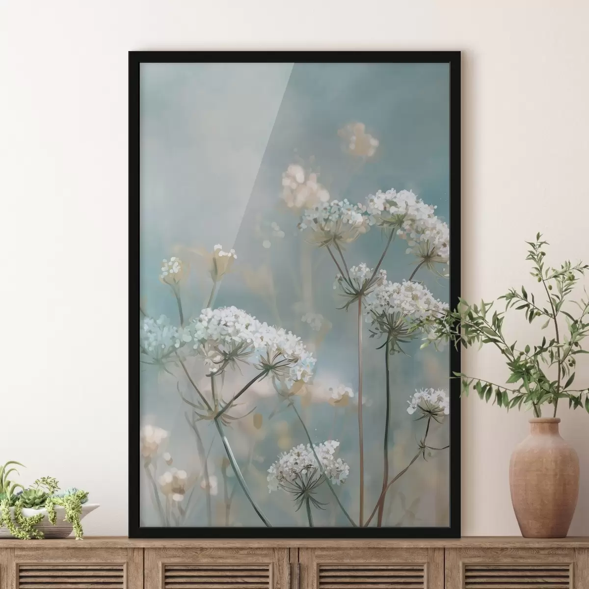 Poster Fiori di Queen Anne's Lace in stile acquerello su sfondo blu f45721