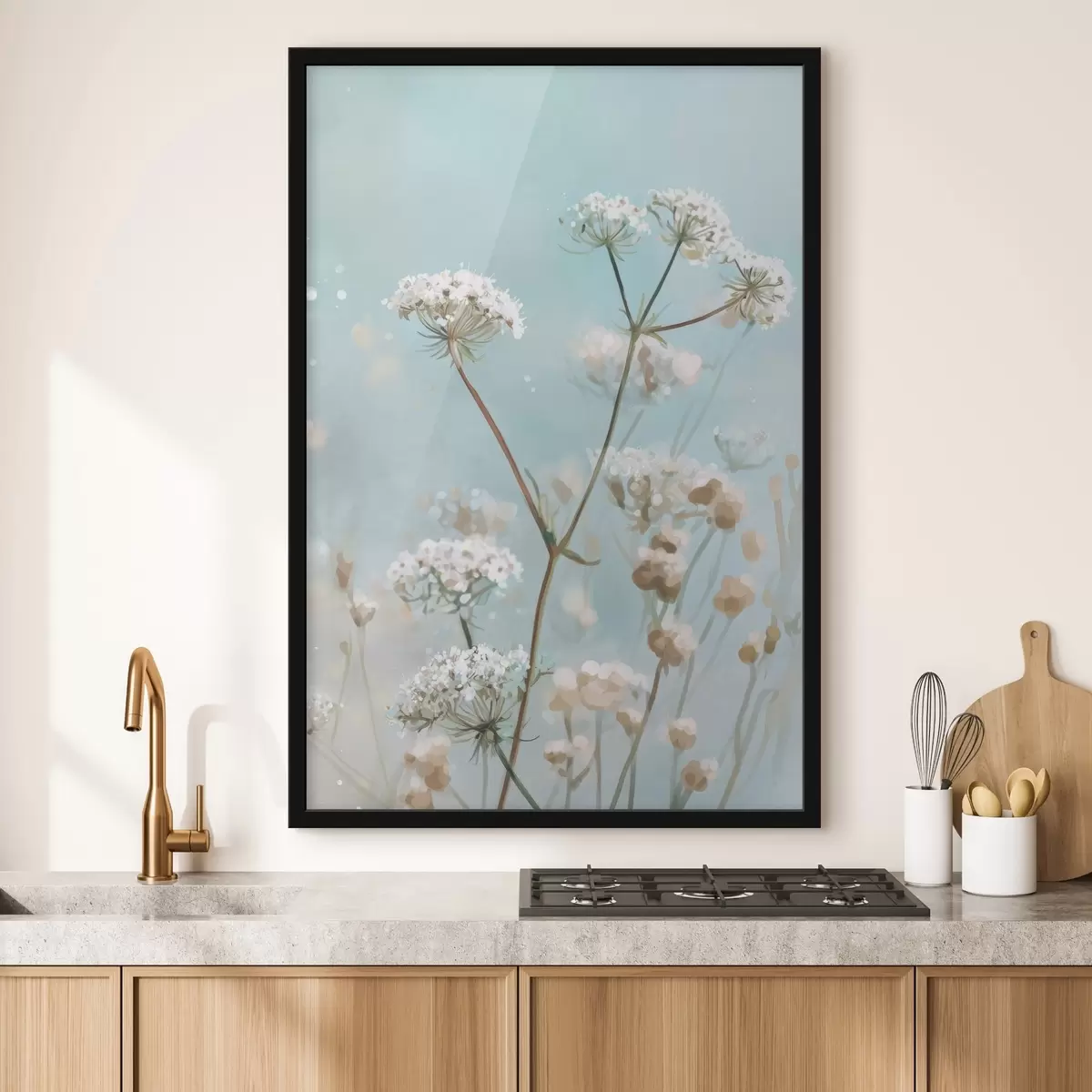 Poster Fiori di Queen Anne's Lace in stile acquerello su sfondo blu f45722