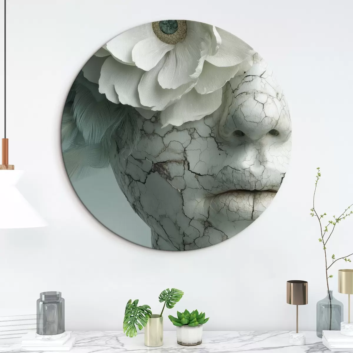 Quadri rotondi faccia di marmo di una ragazza con un fiore r45709