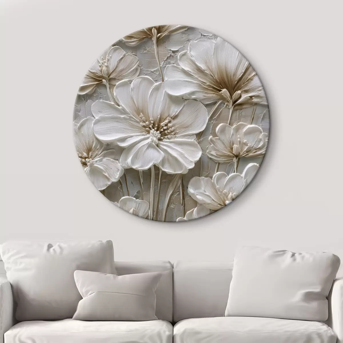 Quadri rotondi fiori color crema con effetto impasto r45712