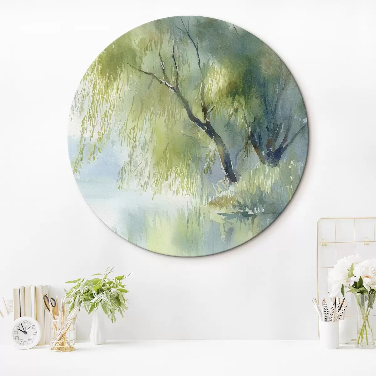 Quadri rotondi salice sulla riva del lago in stile acquerello r45715