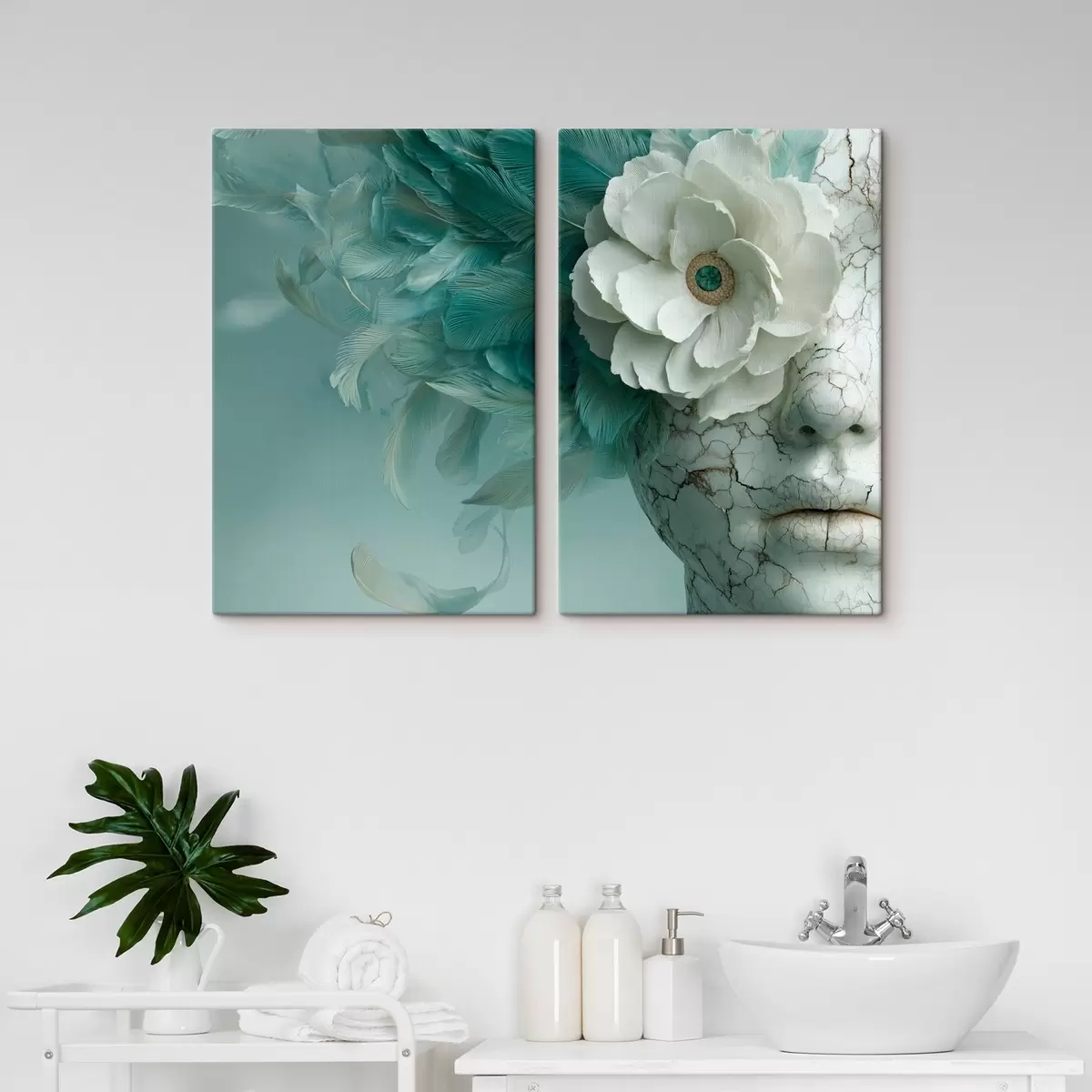 carta da parati faccia di marmo di una ragazza con un fiore e delle piume nr. m00699