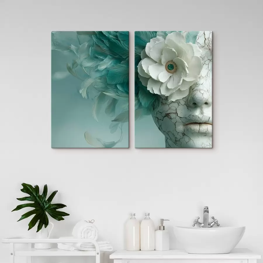 carta da parati faccia di marmo di una ragazza con un fiore e delle piume nr. m00699