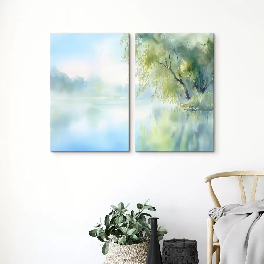 carta da parati salice sulla riva del lago in stile acquerello nr. m00702