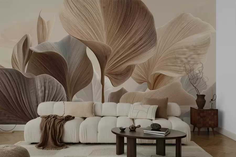 carta da parati Eleganti foglie beige con una delicata trama lineare nr. w04549