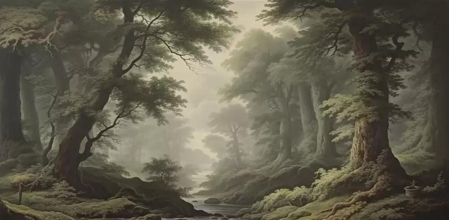 Carta da parati nature Foresta nebbiosa con fiume e alberi secolari ad alto fusto 