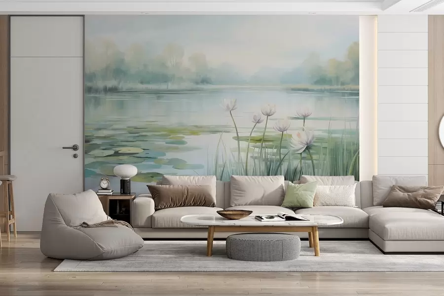 Carta da parati nature Paesaggio con un lago, ninfee e foglie di ninfea, alberi sullo sfondo, in un ambiente tranquillo, tonalità di azzurro e verde 