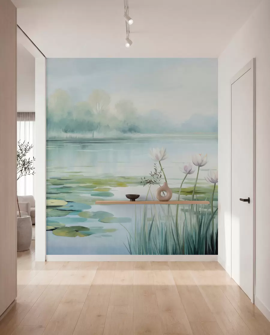 Carta da parati nature Paesaggio con un lago, ninfee e foglie di ninfea, alberi sullo sfondo, in un ambiente tranquillo, tonalità di azzurro e verde 