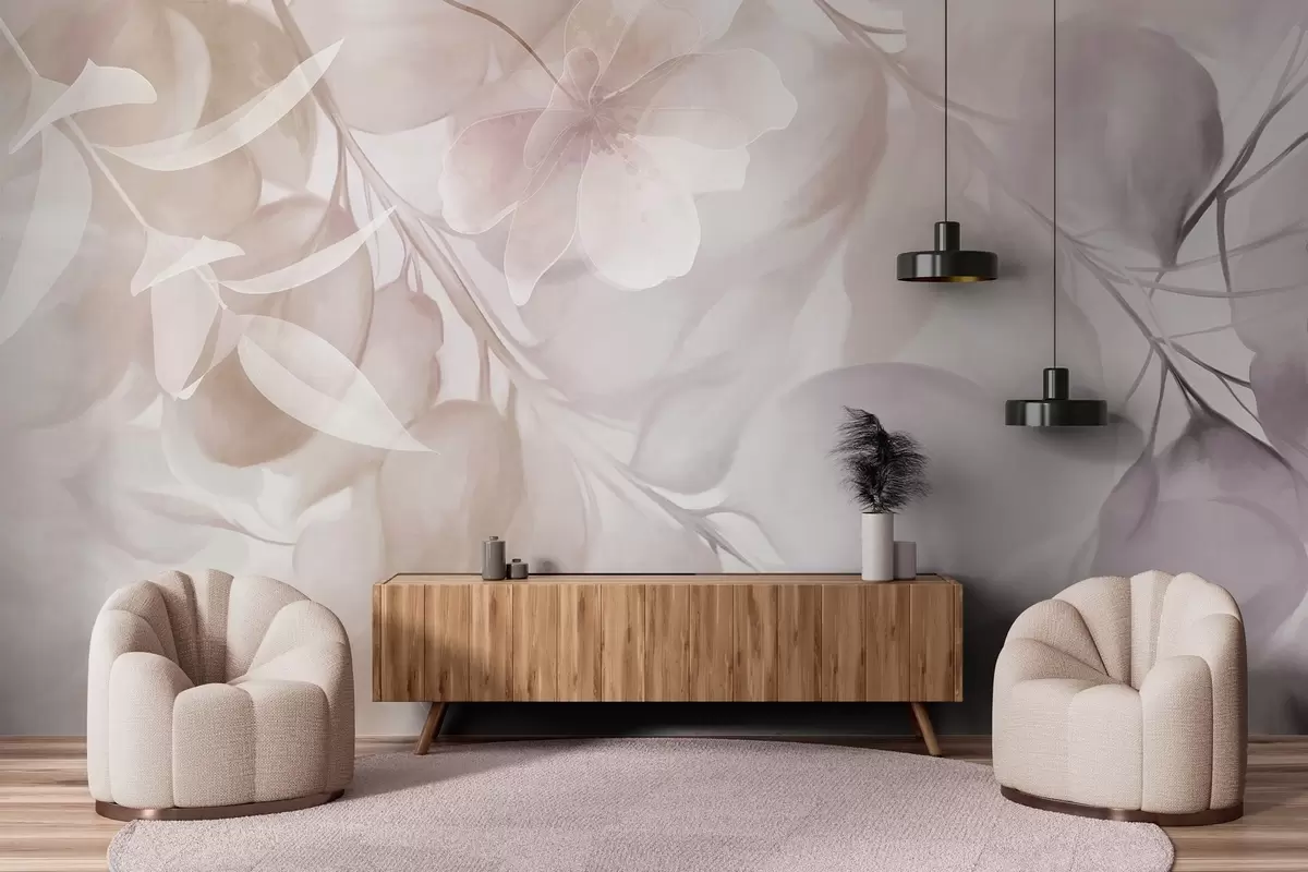 carta da parati Arte floreale con fiori, foglie e rami nei toni tenui del beige e del marrone, colori pastello delicati, effetto acquerello nr. w09397