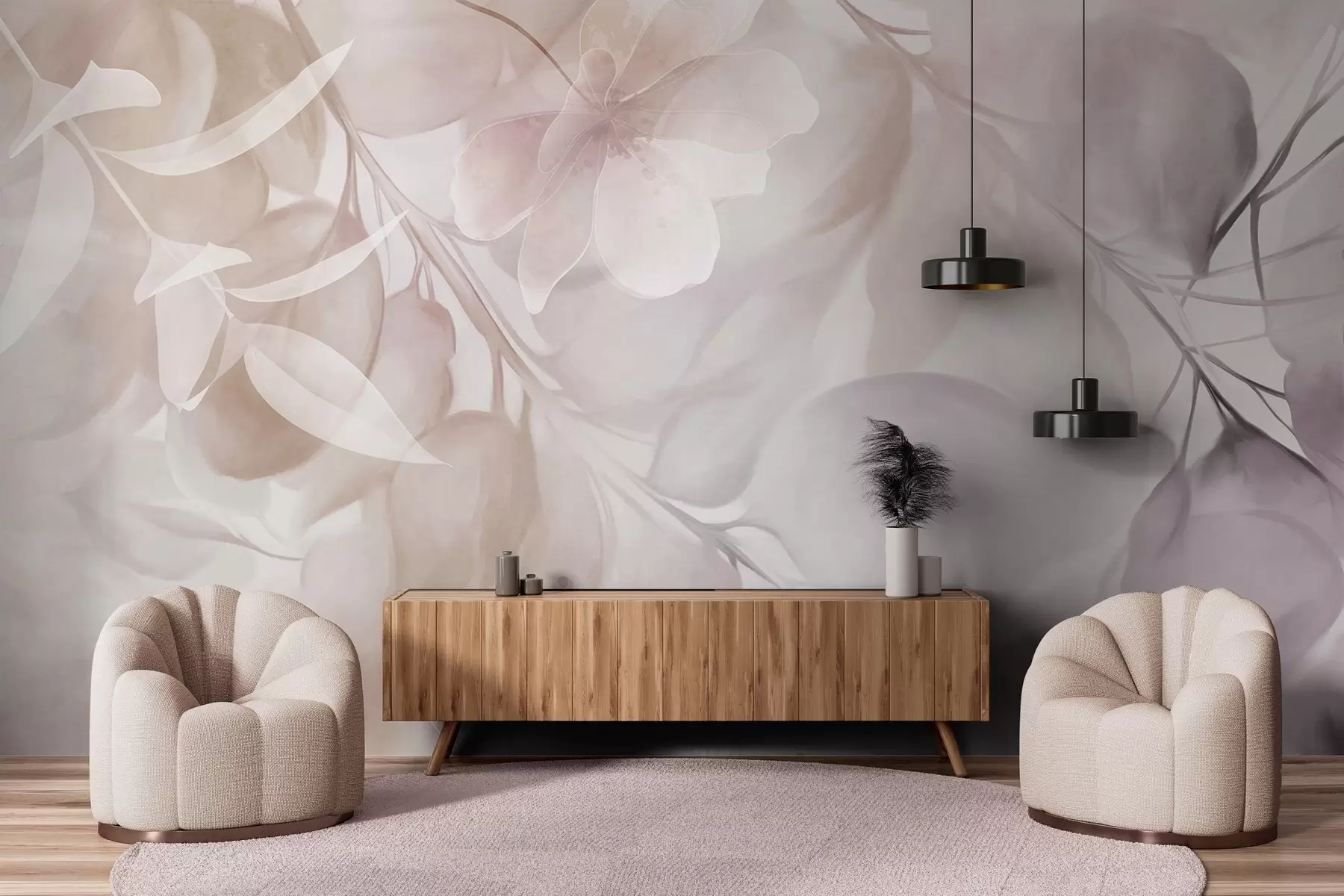 carta da parati Arte floreale con fiori, foglie e rami nei toni tenui del beige e del marrone, colori pastello delicati, effetto acquerello nr. w09397