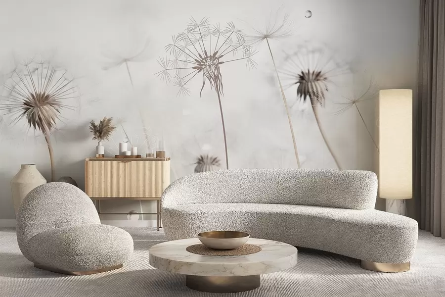 Carta da parati nature Denti di leone con gocce d'acqua, sfondo bianco, primo piano, luce soffusa, natura, botanica, etereo, delicato, minimalista 