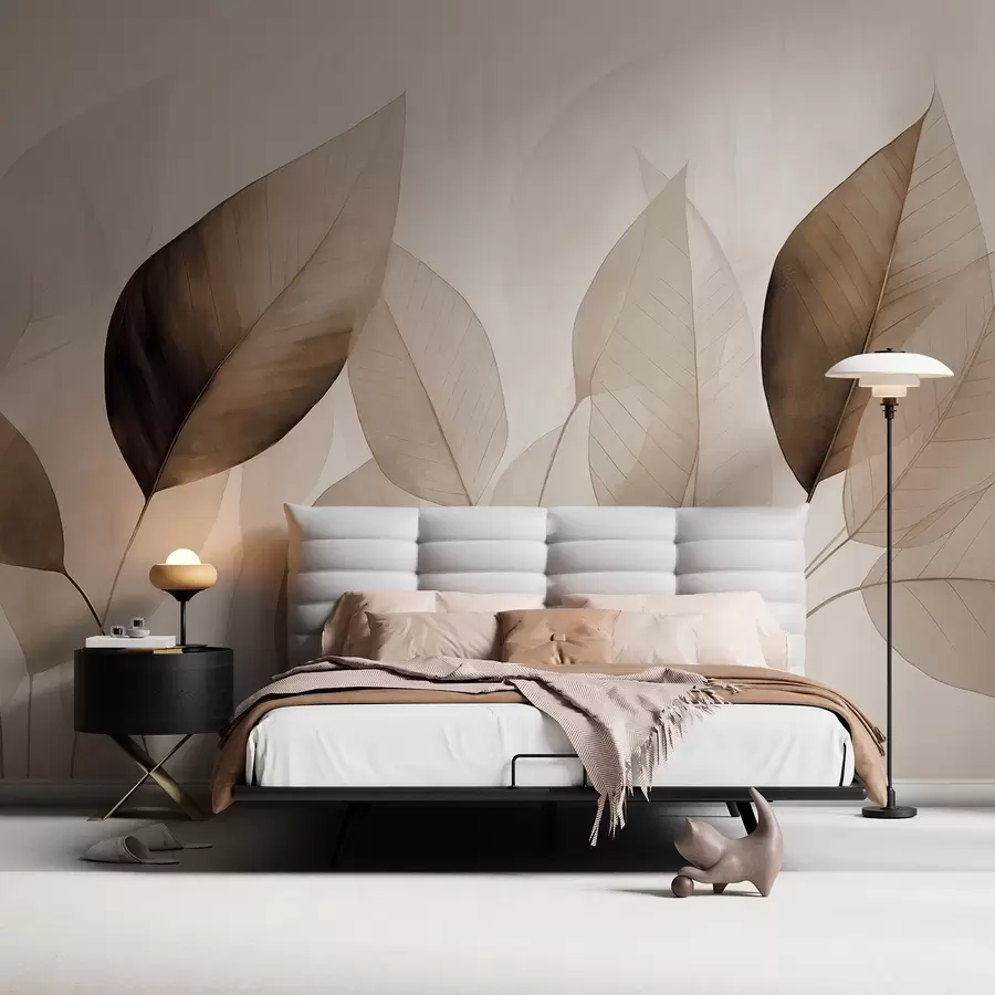 carta da parati Dipinto materico che imita foglie nei toni del marrone e del beige con delicate venature e steli nr. w09400v1