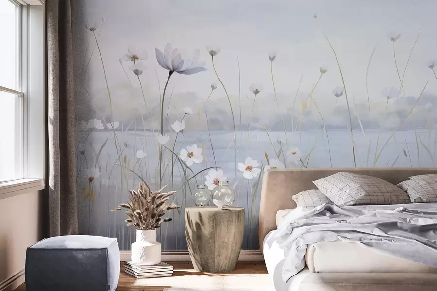 Carta da parati Floreale Fiori bianchi con lunghi steli in un campo, cielo azzurro, colori tenui, texture, stile minimalista, ispirato alla natura, sfondo tranquillo n. w09401