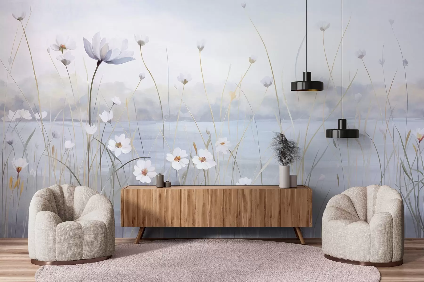 Carta da parati Floreale Fiori bianchi con lunghi steli in un campo, cielo azzurro, colori tenui, texture, stile minimalista, ispirato alla natura, sfondo tranquillo n. w09401