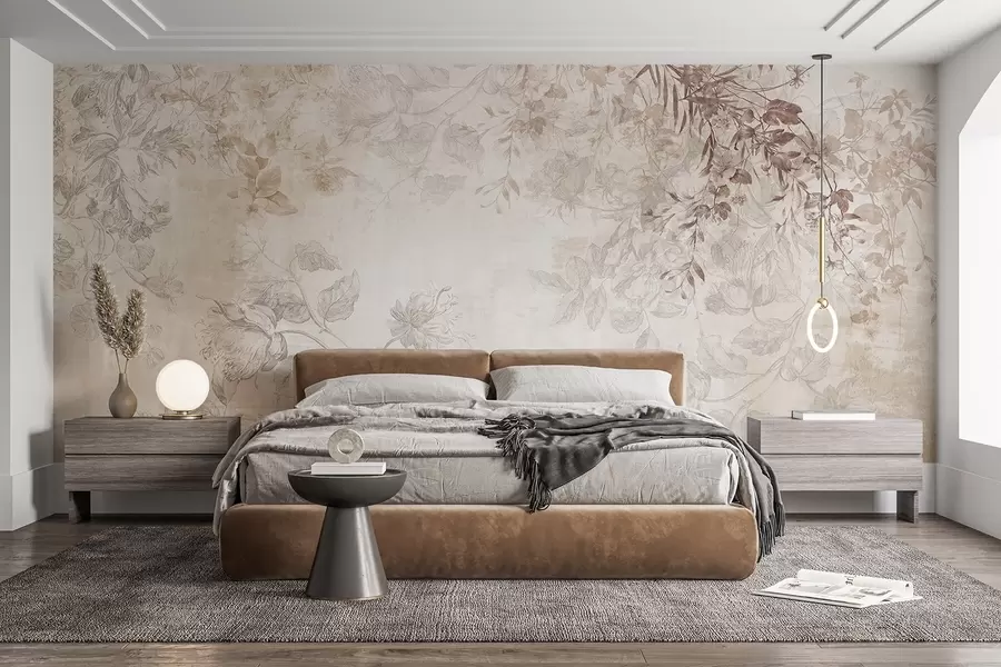 carta da parati Arte floreale vintage con illustrazioni di fiori e foglie delicati in stile disegno, morbidi toni pastello beige e seppia nr. w09402