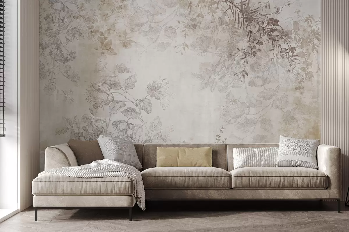 carta da parati Arte floreale vintage con illustrazioni di fiori e foglie delicati in stile disegno, morbidi toni pastello beige e seppia nr. w09402