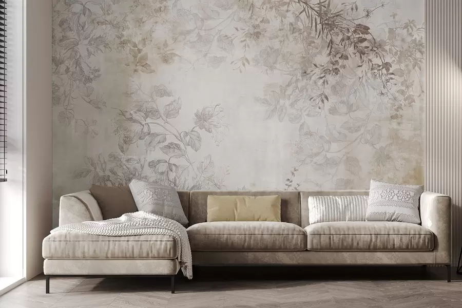 carta da parati Arte floreale vintage con illustrazioni di fiori e foglie delicati in stile disegno, morbidi toni pastello beige e seppia nr. w09402