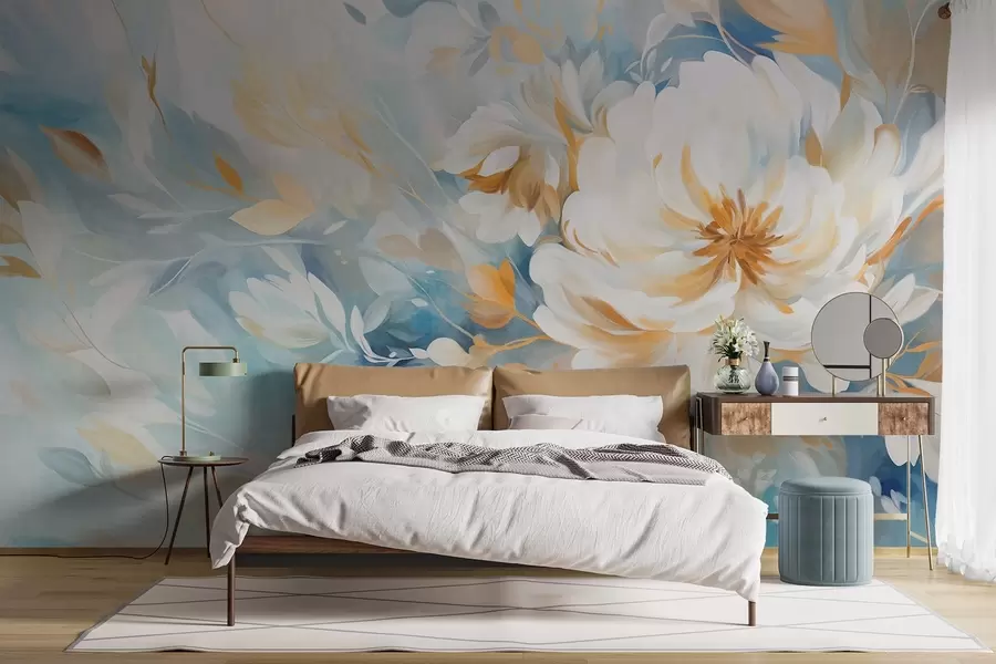 Carta da parati Floreale Fiore bianco testurizzato con dettagli blu e gialli e foglie su sfondo astratto blu e bianco, stile pittorico n. w09403