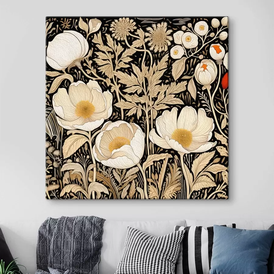 carta da parati Fiori color crema ed erba su sfondo nero nr. s45816