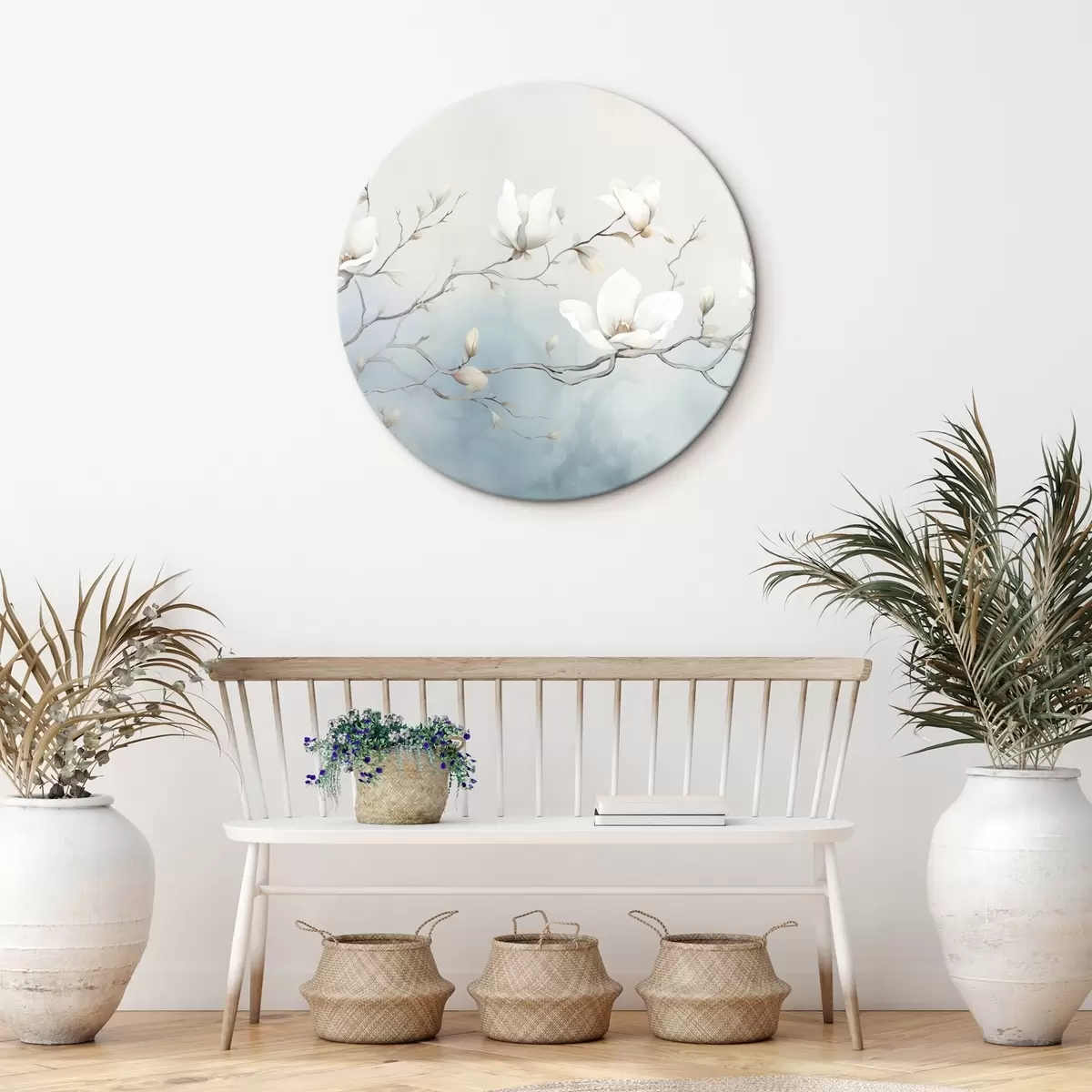 Quadri rotondi Rami di magnolia con fiori bianchi su uno sfondo delicato r45806