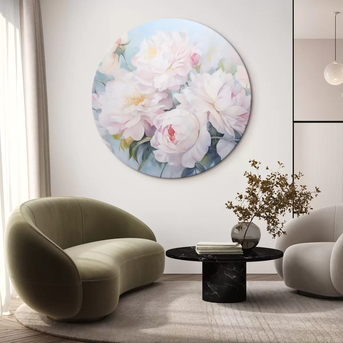 Quadri rotondi Delicate peonie rosa su sfondo azzurro cielo r45813