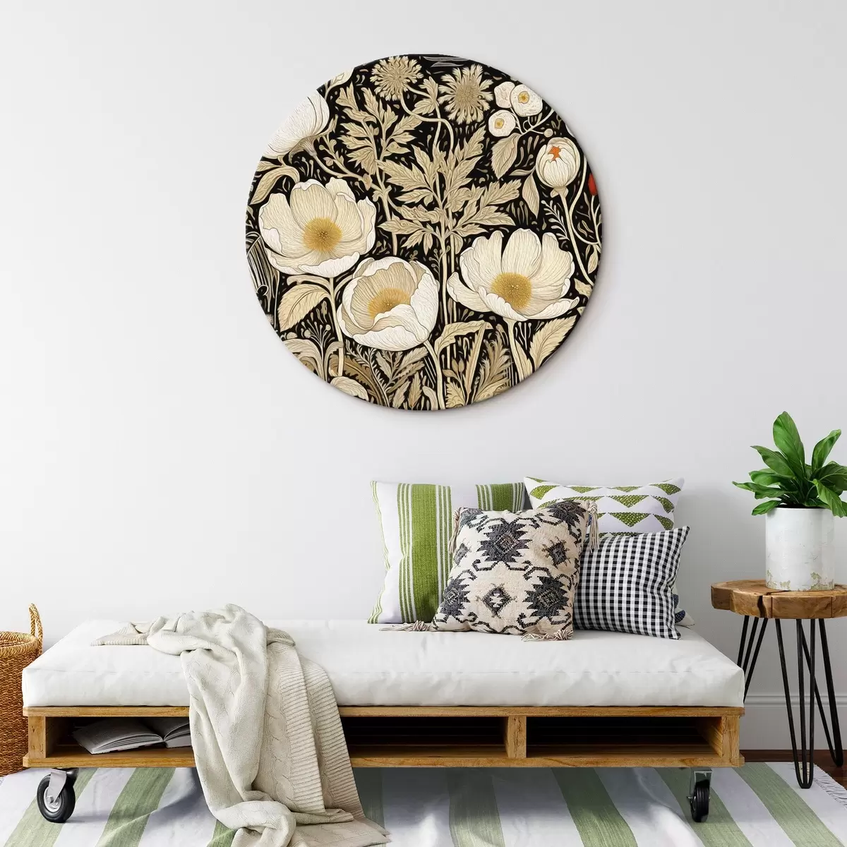 Quadri rotondi Fiori color crema ed erba su sfondo nero r45816