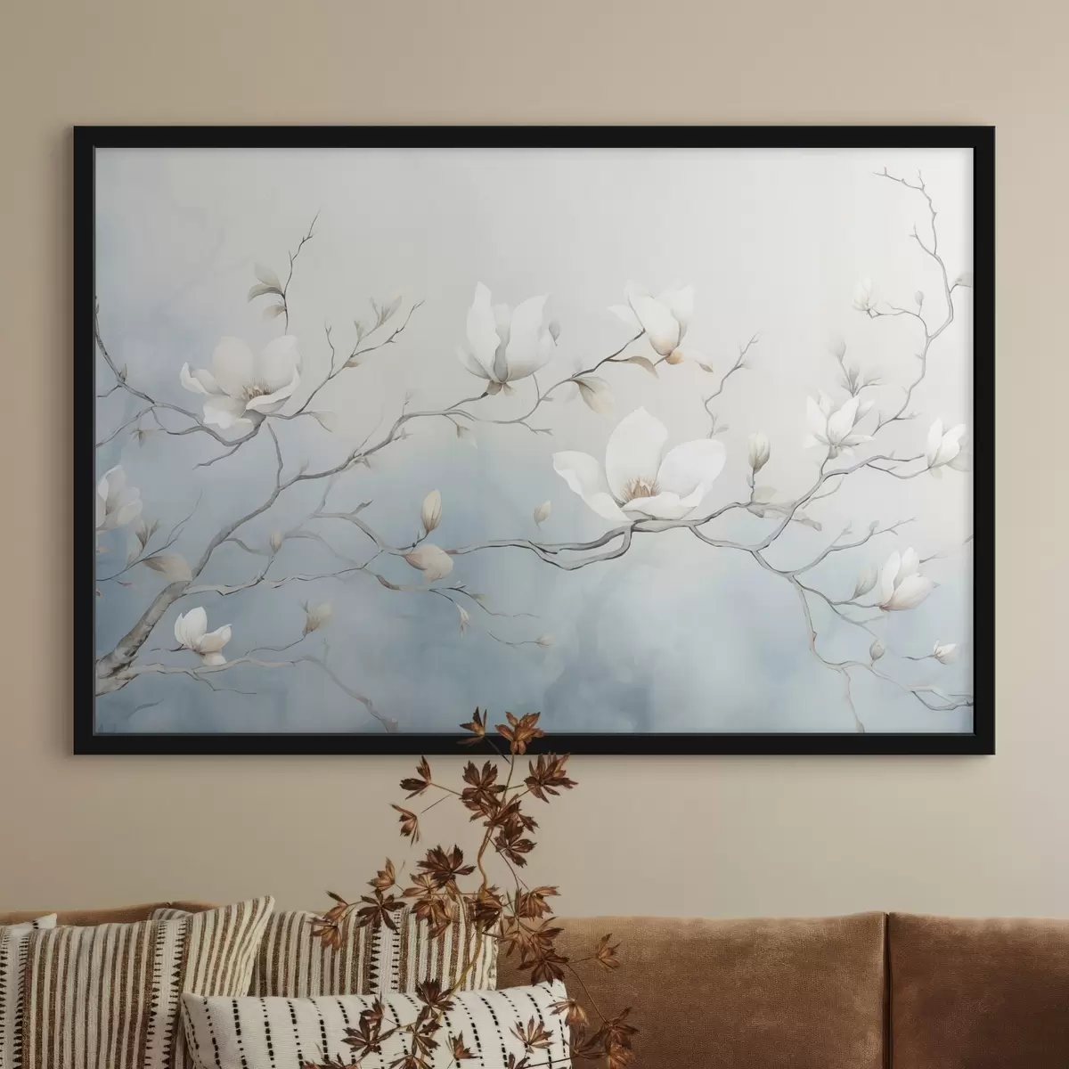 Poster Rami di magnolia con fiori bianchi su uno sfondo delicato f45806