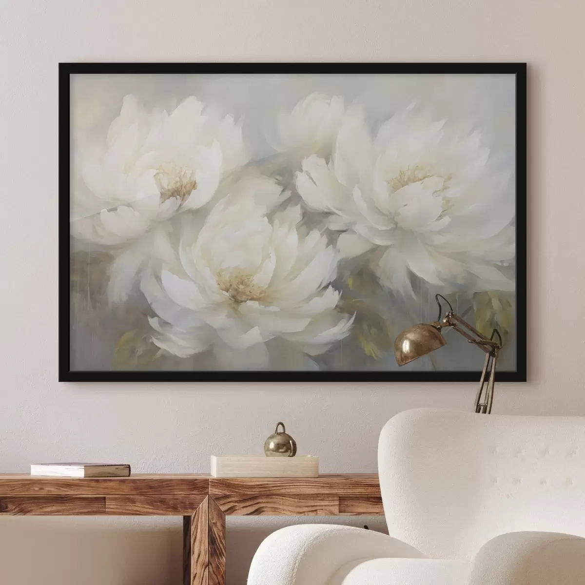 Poster Tre rigogliose peonie bianche su uno sfondo delicato f45808