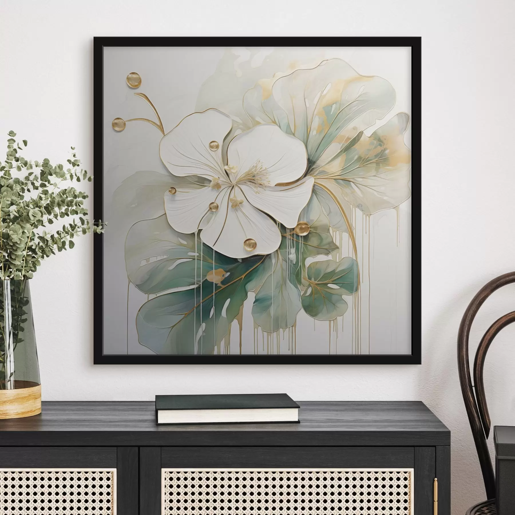 carta da parati Un fiore bianco con dettagli giallo-arancio e foglie verdi nr. f45815