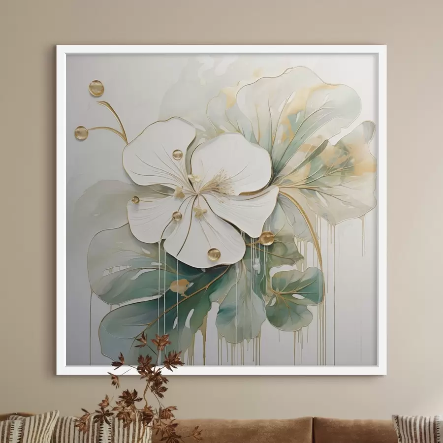 carta da parati Un fiore bianco con dettagli giallo-arancio e foglie verdi nr. f45815