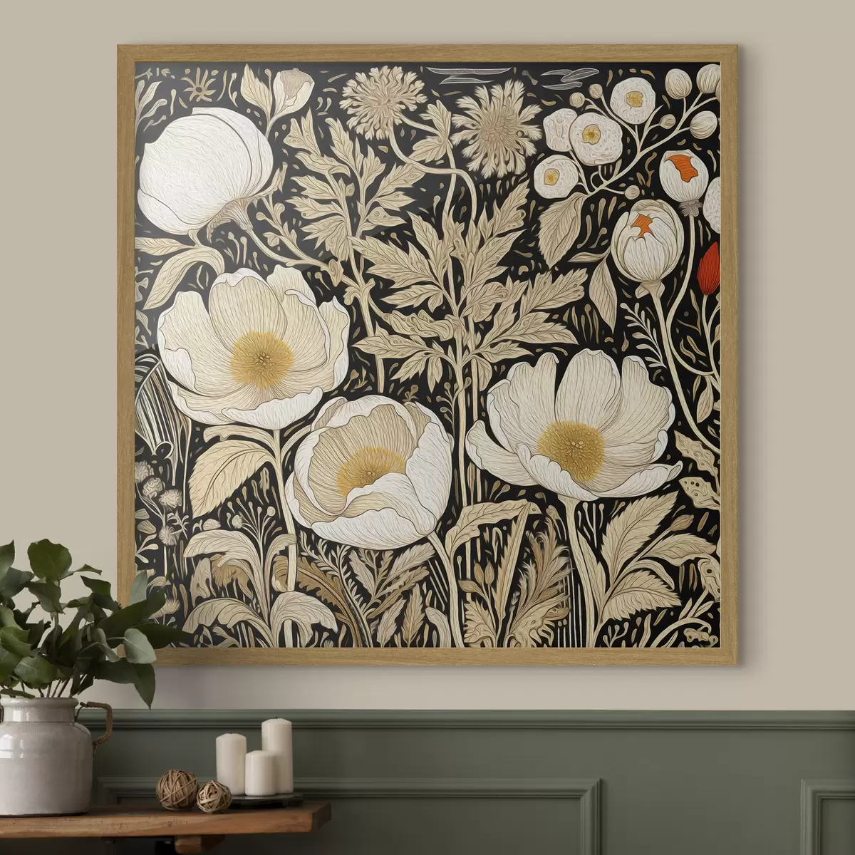 Poster Fiori color crema ed erba su sfondo nero f45816