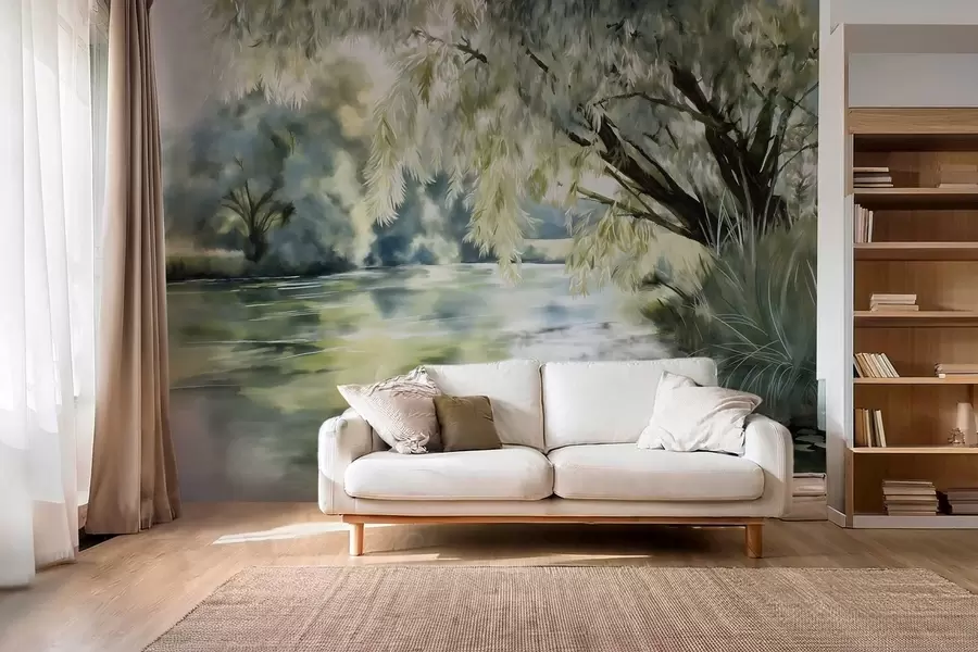 Carta da parati nature albero in stile acquerello sopra il lago 