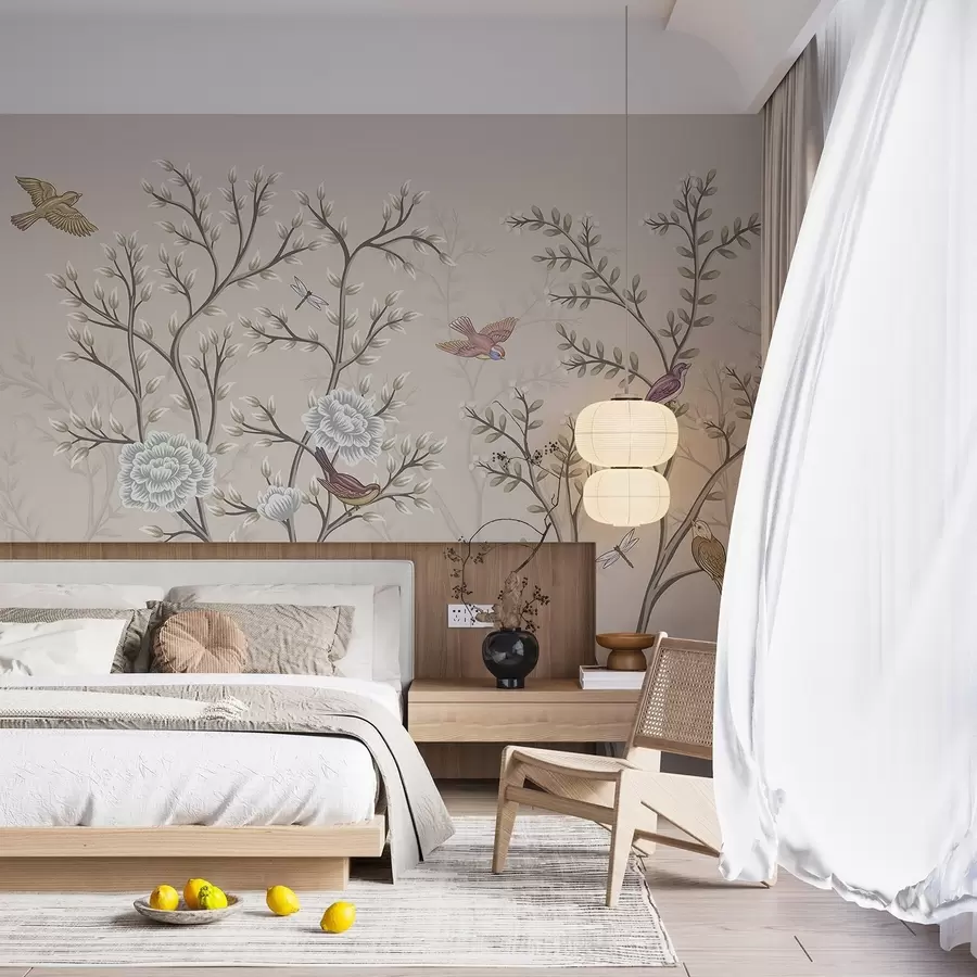 carta da parati Alberi con uccelli e fiori nr. w04605