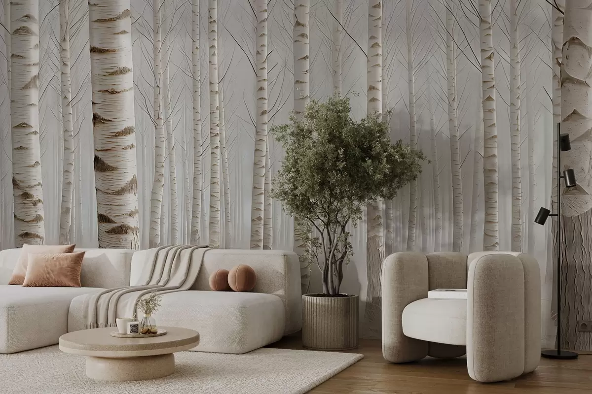 carta da parati Foresta di betulle nella nebbia, minimalismo leggero nr. w04574