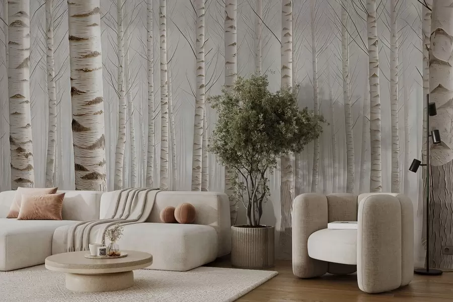 carta da parati Foresta di betulle nella nebbia, minimalismo leggero nr. w04574