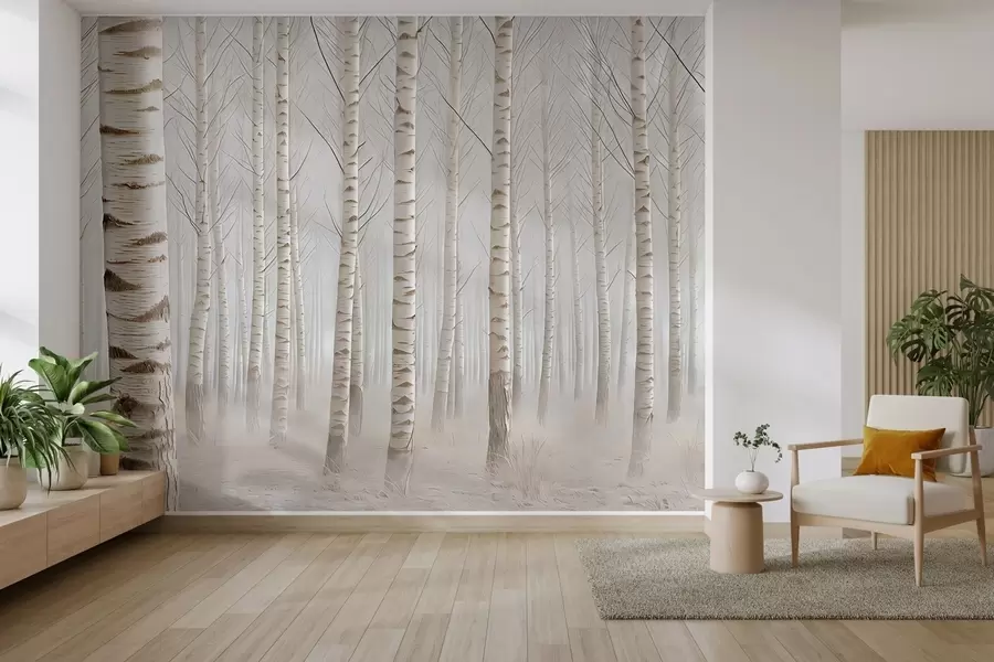 carta da parati Foresta di betulle nella nebbia, minimalismo leggero nr. w04574