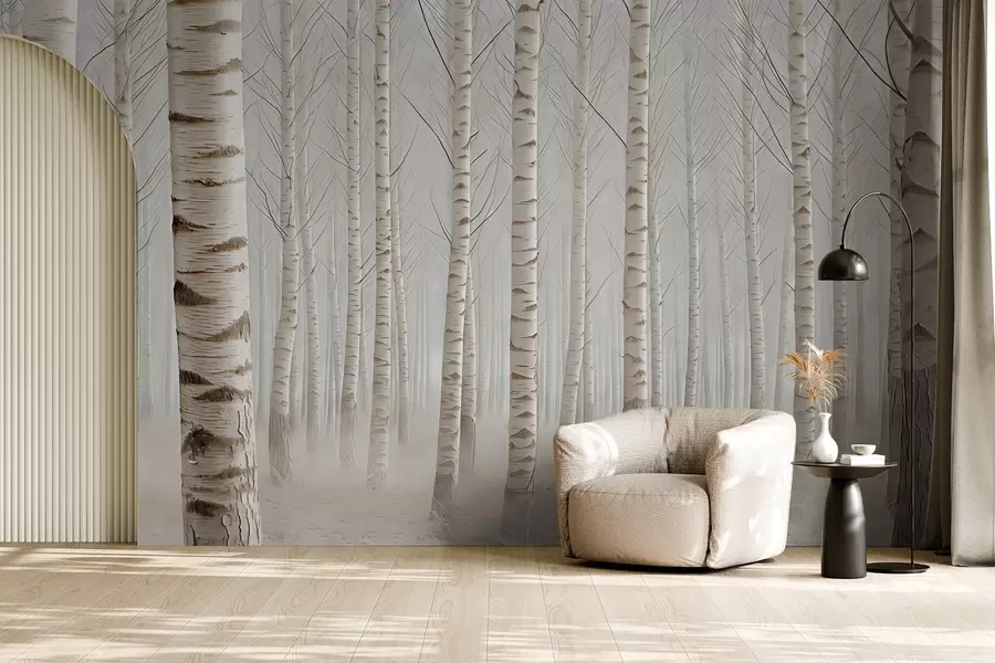 carta da parati Foresta di betulle nella nebbia, minimalismo leggero nr. w04574