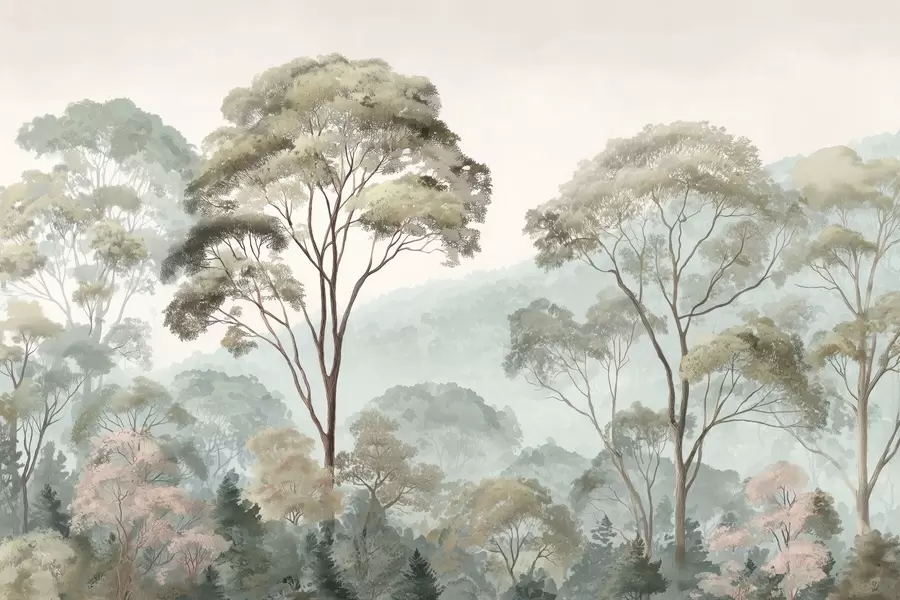 Carta da parati nature Mattina nebbiosa nella foresta in stile acquerello 